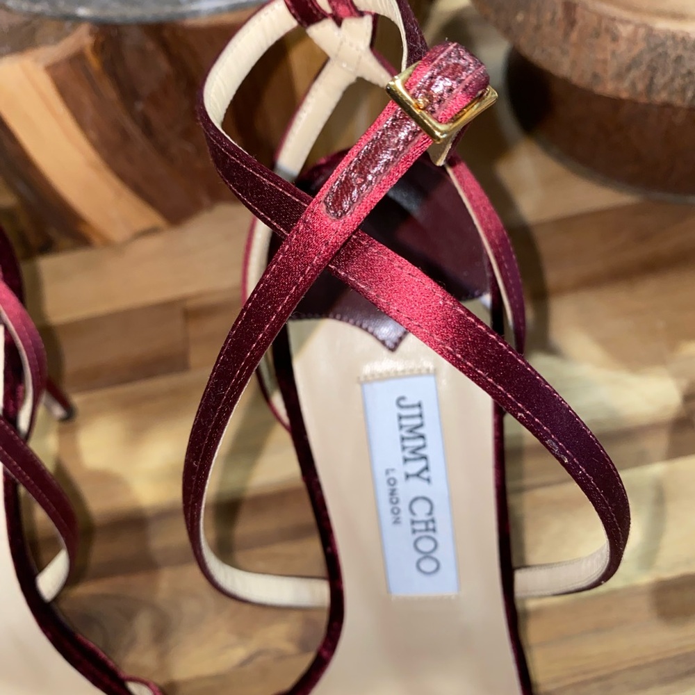 Jimmy Choo Burgundy Velvet And Satin Lola Cross Strap Sandals Size 39 - Picture 12 of 16